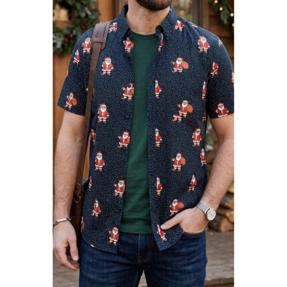 Rugby Button Front Christmas Santa Claus Print Short Sleeve Shirt M Black NWT